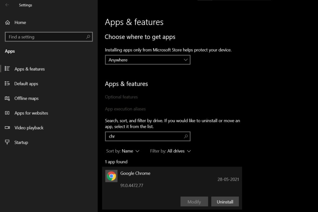 Windows 10 settings
Apps