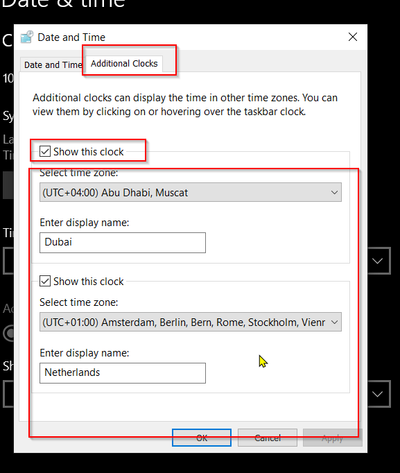 Add different timezone clocks on windows pc